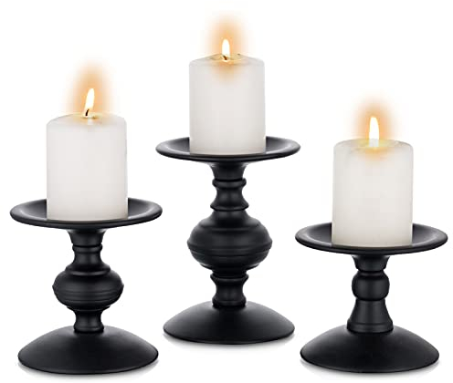 Sziqiqi Vintage Candle Holders Set of 3 Metal Pillar Candleholder Retro Matte Black Candlestick Holders Centrepiece Ornaments for Coffee Dining Table Mantle Fireplace Decor