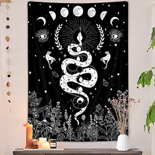 Trippy Witchy Vertikaler Wandteppich, schwarz und weiß, floraler Mond, Schlange, Tarot-Wandteppich, Wandbehang für Schlafzimmer, dunkle ästhetische Naturblume, kleine Wandteppiche, Posterdecke,