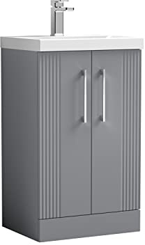 nuie DPF223D Deco Modern Bathroom Floor Standing 2 Door Part Fluted Vanity Basin Unit with Thin-Edge Ceramic Basin, 500mm, Satin Grey
