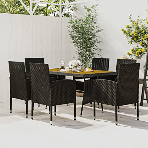 Tidyard 7-TLG. Garten Essgruppe 6 Personen, Sitzgruppe Esstisch mit Holz-Tischplatte & 6 Stühle mit Sitzkissen, Terrassenmöbel Gartenmöbel Set Poly Rattan Schwarz