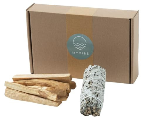 MYVIBE Palo Santo Räucherholz 8 Stück + Weißer Salbei - Meditations Räucherstäbchen aus Peru - Natürliches, Heiliges Holz zur Reiznigungsrituale