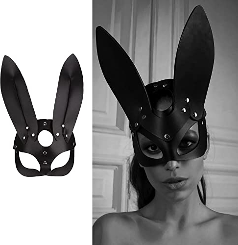 SINSEN Damen Leder Bunny Maske Ohren Sexy Halbgesicht Kaninchen Augenmaske Cosplay Bunnymask Kostüm Halloween Party Maskerade Karneval Zubehör