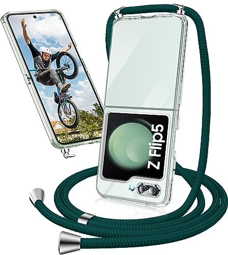 Handykette Hülle für Samsung Galaxy Z Flip 5 Hülle mit Band, Transparent Necklace Handyhülle Samsung Z Flip 5 mit Kette mit Kordel zum Umhängen Ultradünn Schutzhülle Case Hülle Z Flip 5 5G (Grün)