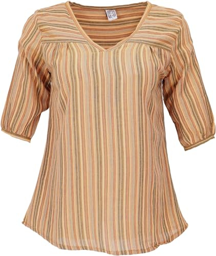 GURU SHOP Leichte Baumwollbluse, Gestreifte Boho Schlupfbluse mit V-Ausschnitt - Cider, Damen, Size:M