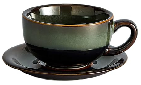 Coffeezone Vintage Design 12 oz Ceramic Latte Art Cappuccino Barista Cup with Saucer (Sea Grey)