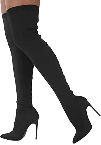 tinbarry Stivali alti da donna scarpe in maglia stivali sopra il ginocchio con gambo lungo stivali alti con tacco a spillo stivali lunghi stivali alti invernali eleganti stivali invernali caldi