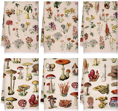 Boyiee Set mit 6 Blumen Pilz Küchentücher Vintage Wald Geschirrtücher Wildblume Rustikale Geschirrtücher saugfähige Floral Geschirrtücher 61 x 40,6 cm Handtücher für Bauernhaus Küche Badezimmer