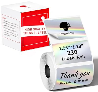 Phomemo Holographic Silver Thermal Sticker Labels für Phomemo M220 M250 M221 M120 M150 M108 M110 M421 Etikettendrucker, Bedruckbare Thermoaufkleber,1 Rolle, 50x30mm, 230 Etiketten/Rolle