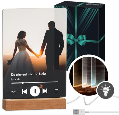 Maverton beleuchteter LED-Fotoaufsteller, personalisiertes LED-Acrylglas | mit eigenem Foto für Paare, Glasbild zur Hochzeit zum Valentinstag, Größe: 21x32x4,5cm, Musik