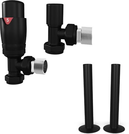 UK Radiators Thermostatic Radiator Valve (TRV) - 15mm Angled Lockshield - Textured Anthracite Grey Colour - Energy Saving 1/2 x 15mm Brass Angled Valve