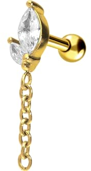 PIERCINGLINE Ohrpiercing Chirurgenstahl Knospe + Kette Piercing Ohr-Stecker Helix Tragus Goldfarben
