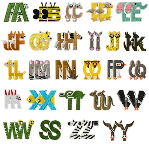 Iron On Letter Patches 52 Pieces A-Z Alphabet Applique Patches，Embroidered Patch A-Z Letter for Hats, Jackets, Shirts and Jeans DIY Craft Sewing Projects (Animal Embroidery)