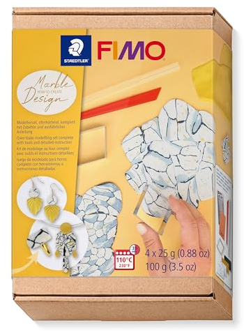 STAEDTLER FIMO How-to-create Set Marmor-Design FIMO, ofenhärtende Modelliermasse, Materialeffekte gestalten, 4 Halbblöcke à 25g, 3er Set, 8025 HTC5