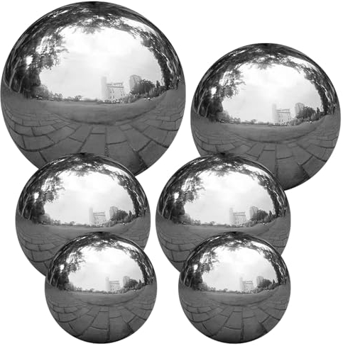 Yeory Edelstahl -Blickkugel, 6pcs Silberkugeln, 2 ＆ 3 ＆ 4 ＆ 6 große glänzende Kugeln, reflektierender Spiegel polierter Gartenbereich für Home Garden Tond Ornament