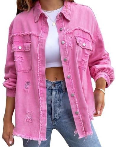 Odizli Veste en jean pour femme - Manches longues - En jean côtelé - Printemps et automne, Rose, M