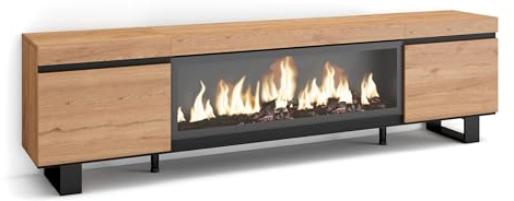 Skraut Home | Mueble TV | Televisión | Muebles de salón, almacenaje | 210 | para TV hasta 80 | Chimenea eléctrica XXL | Diseño Industrial | Estilo Moderno | Roble