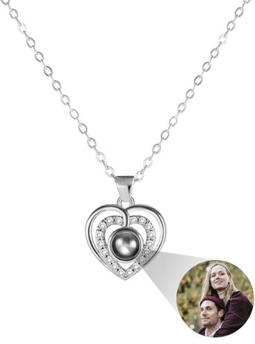 MMXX Personalisierte Projektion Halskette mit Bild im Inneren für Frauen 925er Sterling Silber Foto Halskette Bild Versteckte Gedenkkette Ich Liebe Dich 100 Sprachen (F1: Silber)