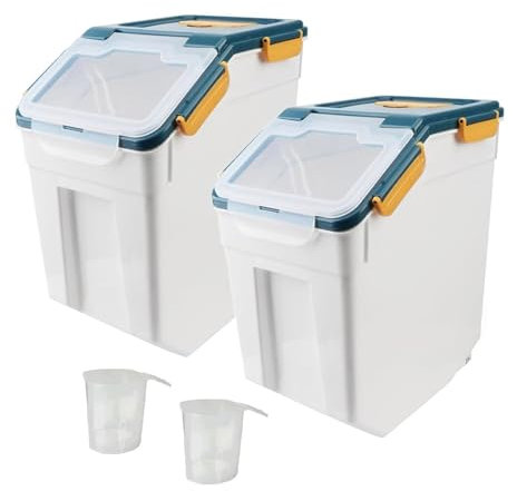 MXCELL 2 Pack 35lb Rice Dispenser Large Airtight Flour Holder 25LB Dog Food Storage Container Plastic Grain Bin with Spoon and Measuring Cup for Kitchen Pantry Counter Top, Blue