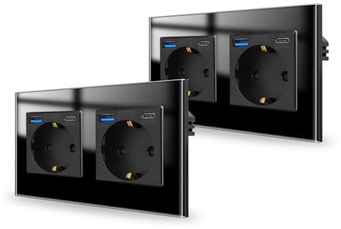 JIMEIDA Pack de 2 bases de enchufe doble con USB 20W cristal negro de empotrar, 2 enchufes de 16Amp con USB A y Tipo C, 157 * 86mm, 250V