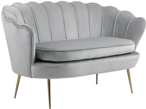 HOMCOM Canapé 2 Places en Tissu Velours, Petit canapé, en Forme de Coquillage, avec Coussin épais de 10 cm, canapé, Structure en métal, Pieds dorés effilés, Facile à Assembler, Gris Clair