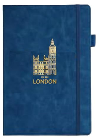Premium A5 Thermo PU Leather Journal Notebook – London Souvenir Skyline Blue Notebook - 192 Pages, Pen Loop, Rear Pocket & Bookmark, London Eye, Big Ben & Tower Bridge Travel Notebook (Big Ben, Blue)