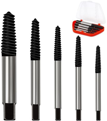 WUFANC Extractor De Tornillos Rotos Profesional, Extractor Tornillos Rotos De Zurdos Para Tornillos M4 A M18, Extractores De Tornillos Quitar FáCilmente Tornillos Oxidados (Caja Roja, 5 Piezas)