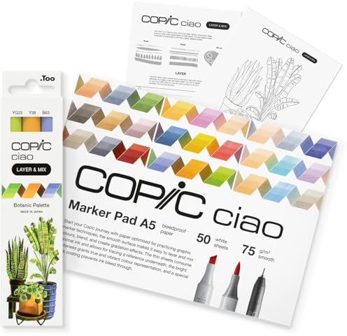 Copic Ciao LAYER & MIX Starter Set Botanic, Marker Set mit 3 verschiedenen Farben, Markerpapier und Zeichenvorlage zum abpausen, inkl. Kennenlern-Übungsblatt