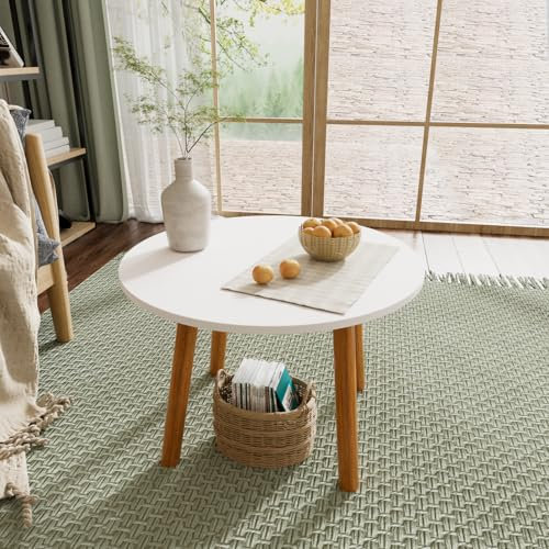 Curfair Table Basse Ronde en Bois Blanche - Style Scandinave 60x60x50cm