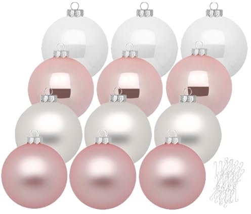 Inge Glas große Weihnachtskugeln mit Haken | Christbaumkugeln aus Glas | Set 12 Kugeln 8cm groß und 40 Aufhänger | Christbaumschmuck Weihnachtsbaumkugeln (Noble Rose | rosa weiß)
