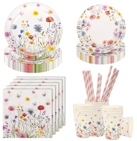 Aitsite Lot de 100 assiettes de fête à fleurs fraîches pour 20 invités - Assiettes de décoration pour anniversaire d'enfant - Assiettes, gobelets, serviettes