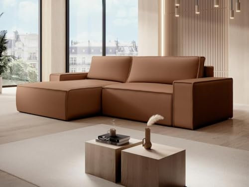 Vente-unique-Ecksofa mit Schlaffunktion - Ecke Links - Stoff - Leder-Optik - Braun - Amelia