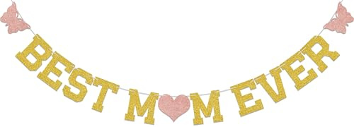Best Mom Ever Banner, Happy Birthday Mummy Dekoration, Happy Mother's Day Banner, Schmetterlinge Dekoration für Muttertag, Mütter Geburtstag Party Decor Supplies Gold Glitter