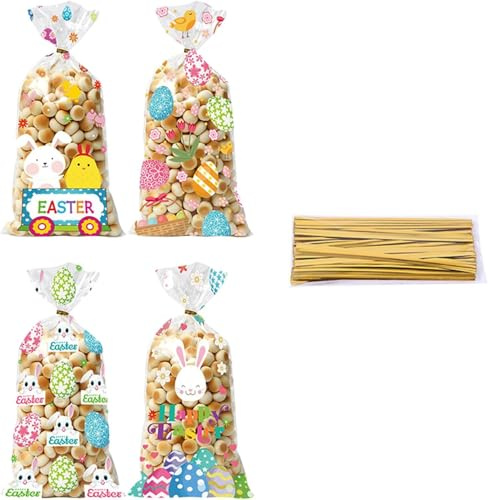 Cellophantüten Ostern - 50Stück 12.5x27cm Kleine Tüten für Süßigkeiten Toy | Durchsichtige Tüten zum Befüllen,Plätzchentüten Kekstüten Geschenktüten Ostern mit 60 Krawatten,Klarsichttüten für Chocolate