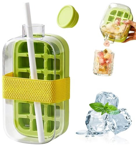 Crush Cup Ice Cube Bottle, Ice Cube Bottle with Straw, 2 in 1 Touch-Free Ice Cube Tray Water Bottle with Lid and Bin, Push-Type Ice Cube Making Bottle for Home Outdoor Ice Making Freezer Juic,(Green)