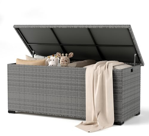 Amopatio Gartenbox Auflagenbox wasserdicht 650 Liter, Kissenbox outdoor aus Polyrattan, Aufbewahrungsbox Metall mit Gasdruckfedern, Gartenkiste wetterfest für Garten, Balkon, (Grau)