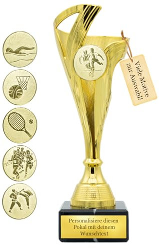 Pokal mit Wunschtext – 22 cm - Gold, Silber, Bronze, SI-Blau & Go-Rot – inkl. Gravurschild und Emblem - Trophäe für Sport, Geburtstag, Firma, Schule, Kinderwettbewerb (Gold)