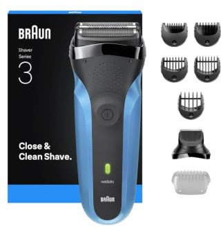Braun Rasierer Herren Elektrisch Series 3, Rasierapparat, 310BT, Blau | Kabelloser Elektrorasierer, 3 Flexiblen Klingen, Barttrimmer, 30 Min Akku, Wasserdicht, Inkl. Barttrimmer Aufsatz, 5 Aufsätze