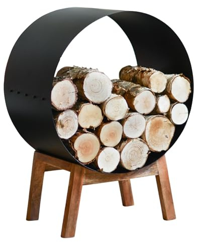Black Round Steel Barrel Log Holder with Wooden Legs Contemporary Fireside Firewood Rack Stylish and Durable Heavy Duty Metal Indoor or Outdoor Use Fireplace Accessory Home Wood Storage