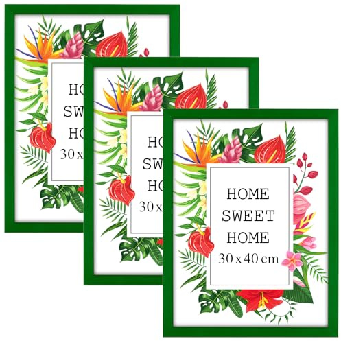MG Design Lot de 3 Cadres Photo 30 x 40 cm en Bois Massif – Vert, avec Verre Acrylique – à Suspendre ou à Poser, Orientation Verticale ou Horizontale – pour Photos, Affiches, Puzzles