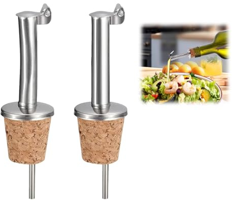 2 Pièces Becs Verseurs En Acier Inoxydable Pour Huile D’Olive, Spiritueux Et Vinaigre Comprenant Un Bec Droit Et Un Bec Courbé Avec Bouchon En Liège Naturel Et Rabat De Protection Pour Un Versement