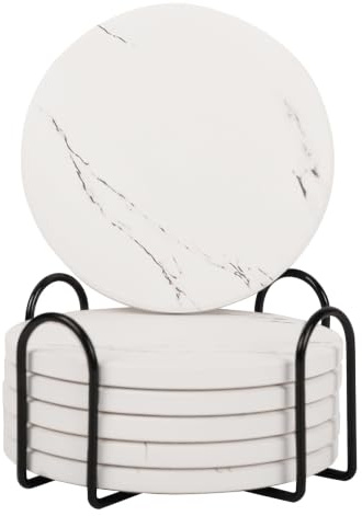 White Coasters Set of 6, Marble Coasters with Cork Base and Holder | Coasters with Holder, Quick Drying, Absorbent Coasters for Women Men, Various Cups,Drink, Tables or Home Decor, 4in