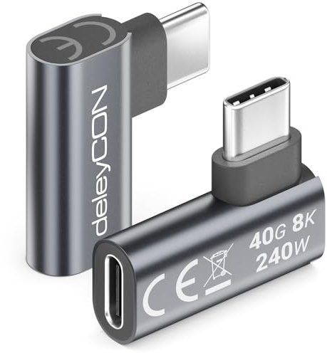 deleyCON USB-C Winkeladapter 90 Grad flach, 40Gbps, 240W, USB 4.0, 2 Stück | 8K60Hz, Aluminium Gehäuse, Typ C Stecker auf Buchse, für Smartphone, Tablet, Laptop, Notebook, MacBook, PS5 usw.