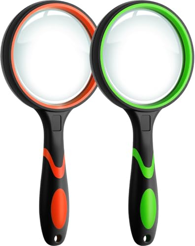 2 Stück 10-fache Lupe Kinder und Senioren Leselupe | 75 mm Rutschfester Handlupe mit Softgriff, For Lesen, Schule, Naturbeobachtung, Hobbies