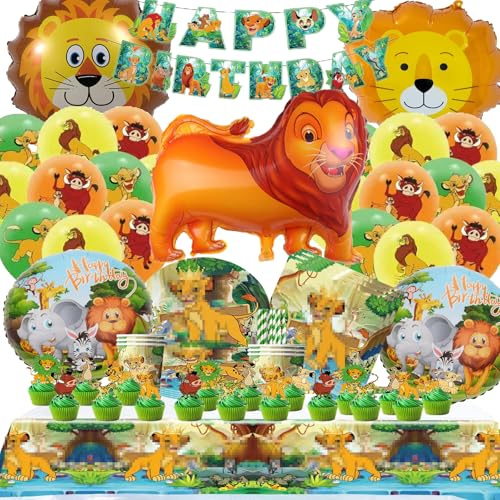 Bemoseng 101 PCS Lion Geburtstag Partygeschirr Set, Lion Geburtstagsdeko, Löwen Deko Kindergeburtstag, Geburtstag Party Deko mit Banner Teller Servietten Tischdecke Kuchendeko