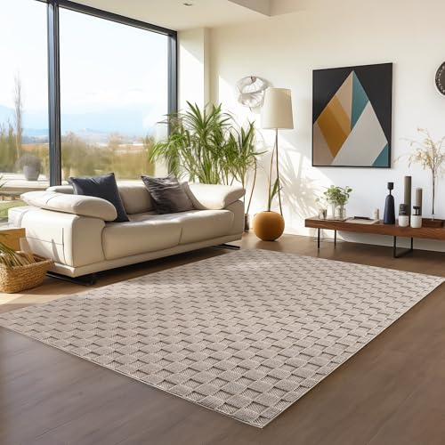 Teppium Teppich 200x290 cm Beige Karo Design Bouclé Schlingenflor Skandi Stil Modern Weich Strapazierfähig Pflegeleicht großer Teppich für Wohnzimmer Esszimmer Schlafzimmer