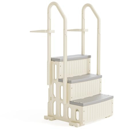 BONNLO Échelle de Piscine Antidérapante PE, Escalier de Piscine, Adaptée aux Piscines Hors Sol et Creusées Intérieur Extérieur, Blanc Cassé (Blanc + Pédale Grise, 3)
