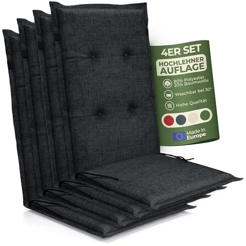 Petsation Florence Hochlehner Auflage – Gartenstuhlauflage Hochlehner mit Schaumstoff Polster, Outdoor Kissen & Stuhlkissen für Gartenstuhl, Sitzkissen Stuhl & Sitzkissen Bank, Outdoor (4, Schwarz)