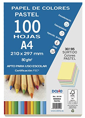 DOHE 30195 Packung mit 100 Papieren, A4, 80 g, Pastellfarben, Sortiert, Grande