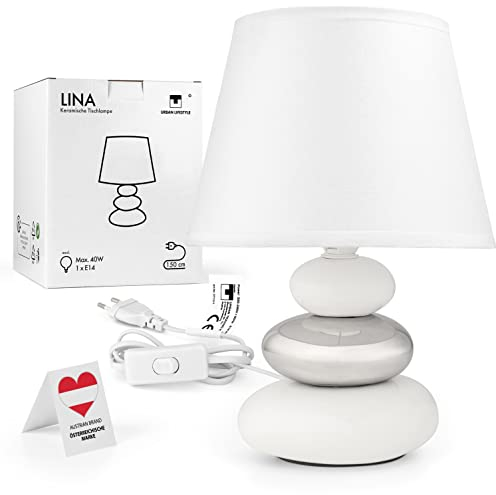 Nachttischlampe Lina (weiß-silber) Tischleuchte Keramik Tischlampe mit Stoffschirm, LED geeignet, E14 230V Keramik, Tischlampe, Nachttischleuchte, Fenster Lampe, Sofalampe. Fensterbank Lampen