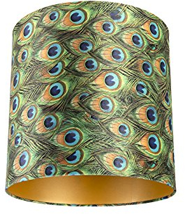 QAZQA Baumwolle Velour Lampenschirm Pfau Design 40I40I40 mit Gold I Messingenem Interieur,